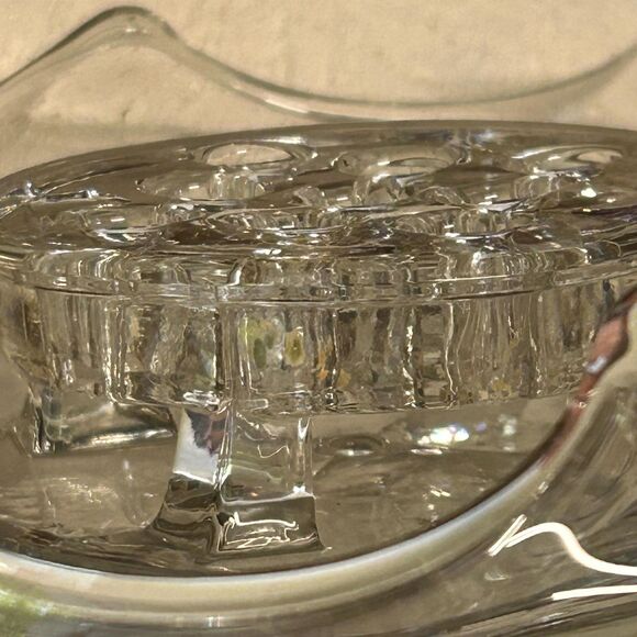 Vintage Glass Flower Frog Bowl, Clear Glass Flower Arranging Dish Wavy Rim Decor - Picture 5 of 6